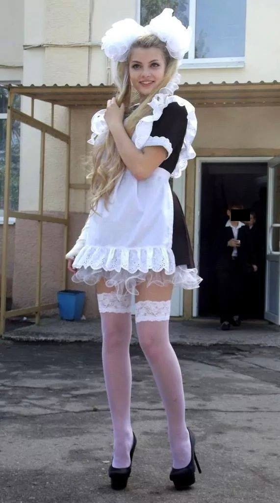 Blonde French Maid Wearing White Sheer Stockings And Black High Heels